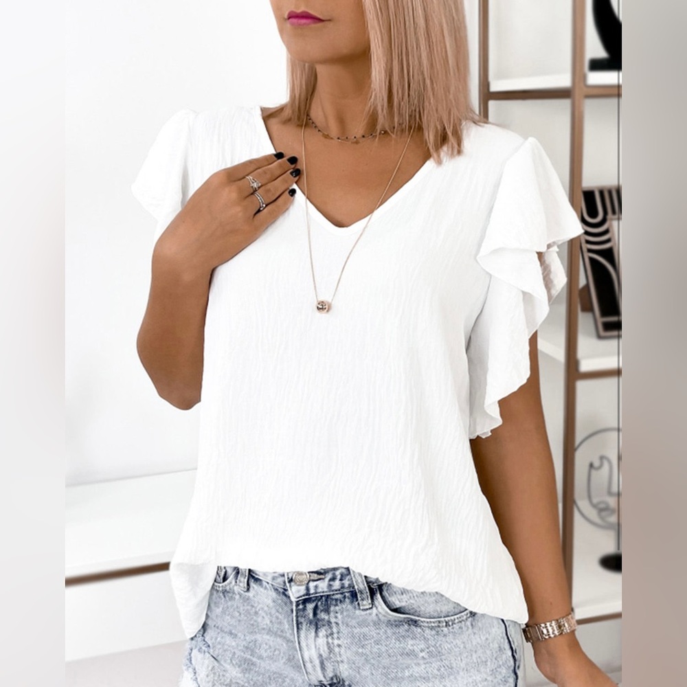 #3 White V Neck Ruffle Sleeves Top